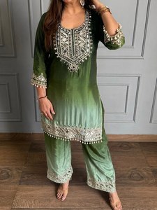 Ensemble Kurta Palazzo brodé vert en soie mélangée, tenue ethnique avec dupatta pour mariage et fête, pour femmes - Product Image 1