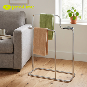 Porte-serviettes autoportant en chrome à 2 barres avec étagère de rangement, support de serviettes de bain mobile pour salle de bain, design minimaliste - Product Image 6