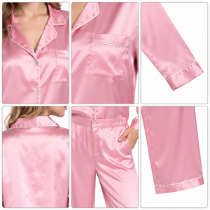 Wholesale Satin Pajama Suit Women's Silky Loungewear Two-Piece Set Button Down Night Shirt Wide Leg <b>Silk</b> <b>Trouser</b> Set Women's - Product Image 6