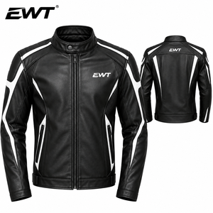 Veste de moto slim pour homme EWT en cuir synthétique PU, avec blocs de couleur, patchwork, fermeture éclair, col montant, finition 360g - Product Image 2