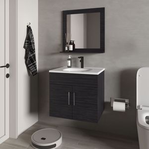 Mobile bagno sospeso Slater con lavabo, mobiletto a due ante e specchio, finitura Wengue - Product Image 1