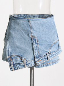 <b>Women's</b> High Waist Asymmetric Denim Shorts Solid Color Washed Cotton Casual Summer Streetwear Style Jean Shorts - Product Image 2
