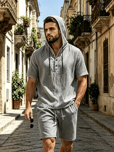Men's Cotton Hooded Short Sleeve Shirt Set Solid Casual Summer Breathable Woven Quick Dry 120g 2pcs Made Bangladesh Customized - Product Image 2