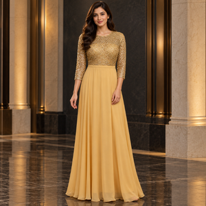 Golden Mesh Bodice Evening Dress O Neck Three Quarter Sleeves A-Line Formal | Golden <b>Floor</b> <b>Length</b> Embellished Formal Party <b>Gown</b> - Product Image 2