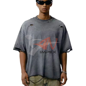 Custom logo Acid Washed 100%Cotton T-shirt Ripped Hole Distressed Metal <b>Ring</b> Accent Design Neck Baggy t Shirt for Men - Product Image 1