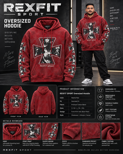 Sudadera con capucha roja lavada para hombre, diseño geométrico en la manga, estilo oversize, streetwear, forro polar grueso, personalizada - Product Image 6