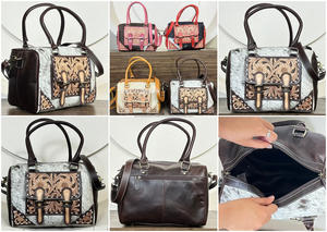 Bolso de mano estilo Speedy de cuero repujado a mano de piel de vaca occidental para mujer, bandolera de cuero con pelo, bolsos de lona medianos - Product Image 3