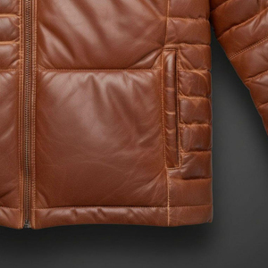 Luxury Leather <b>Padded</b> <b>Hooded</b> Windproof Eco-Friendly Men's <b>Jacket</b> with Front Logo Winter Insulation & Refined Aesthetics - Product Image 3
