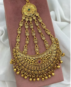 Cadena para el cabello chapada en oro étnico, aretes Jhumar con circonita para mujer, conjunto de joyería nupcial tradicional para boda - Product Image 2