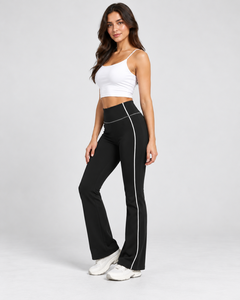 Leggings de yoga évasés taille haute, noirs unis, extensibles dans quatre directions, légers et respirants, pour le sport - Product Image 2