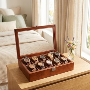 Wooden Watch <b>Box</b> <b>for</b> 10 Watches Luxury Glass Top Display Case Eco-Friendly Wood Storage Organizer Holder Home Decor - Product Image 3