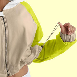 Sweat-shirt à capuche zippé pour femme, color-block, manches longues, en coton tricoté respirant, tenue décontractée d'automne - Product Image 4