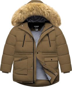 Veste matelassée à capuche kaki pour homme, avec garniture en fourrure, manteau d'hiver zippé, parka coupe-vent - Product Image 2