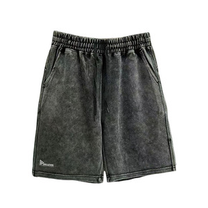 Shorts en coton délavé pour homme, taille mi-haute, cordon élastique, style décontracté avec poches, respirant, coupe classique, pour l'été - Product Image 1