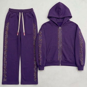 Conjunto de chándal de algodón grueso con cremallera y pedrería personalizada del fabricante, sudadera con capucha y pantalón jogger con cristales, ropa de calle. - Product Image 3