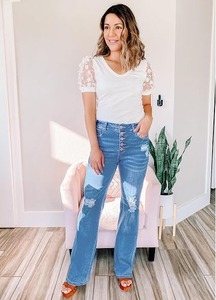 Women's <b>Boot</b> Cut Jeans with <b>Boots</b> Heels & Sneakers-Vintage Style Knee-Length Regular Fit Cotton Denim Outfit - Product Image 3
