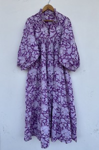 Women Purple Floral Print Woven Cotton Daily Maxi <b>Dress</b> Ruffled V-Neck Balloon Sleeve Tiered <b>A</b>-Line Boho Summer <b>Dress</b> - Product Image 2