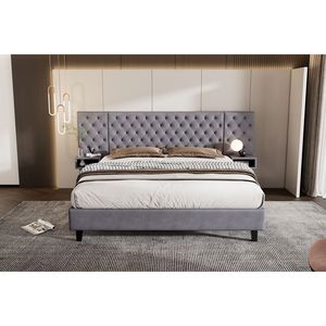 Letto matrimoniale moderno in velluto con testiera e 2 comodini, letto imbottito grigio trapuntato a rombi - Product Image 1
