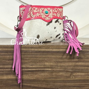 New Women Fashionable Cute Pink Tooled Genuine Leather Crossbody Handbag Stylish Hairon With Turquoise Stone Designer Fringe bag - Product Image 1