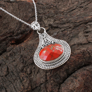 Pendentif ovale en pierre précieuse de style antique en argent sterling 925 plaqué platine cuivre orange vintage avec sertissage en bélière, vente en gros bohème - Product Image 2