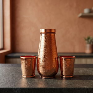 Ensemble de carafe à eau en cuivre gravé avec des verres assortis, bouteille de service artisanale gravée, vaisselle réutilisable, collection cadeau - Product Image 1