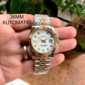 Reloj de Lujo Automático de 36 mm con Fecha Perpetua, Bisel Acanalado en Oro de Dos Tonos, Esfera de Nácar Blanco con Diamantes, Brazalete Jubilee - Product Image 3