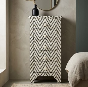 Artisan Resin Bone Inlay Nightstand With 5 <b>Drawers</b> Storage Cabinet Stylish Chevron End <b>Table</b> <b>Side</b> <b>Table</b> For Bedroom Indoor Use - Product Image 2
