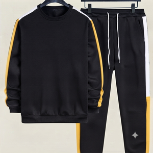 Conjunto Deportivo Negro para Hombre, Pantalones con Cordón Ajustable, Estilo Casual, Manga Larga, Spandex/Algodón, Transpirable, Corte Regular, Estilo Invernal, Estampado - Product Image 1