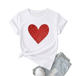 Women's 2026 Spring Summer New Arrival <b>Red</b> <b>Glitter</b> Heart Heavyweight Pure Cotton Street Wear T-Shirt Loose-Fit Short-Sleeve - Product Image 3