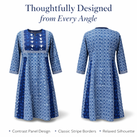 Robe longue femme en coton tissé lavable, imprimée à la main au bloc indigo, col en V discret, manches longues, empiècements contrastants, coupe évasée Kali