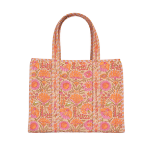 Bolso Tote Acolchado de Algodón Beige Hecho a Mano, Bolso de Hombro con Estampado Floral Naranja y Rosa con Ribete a Rayas, Obra Maestra de Alta Costura - Product Image 1