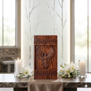 Wooden Cremation Urn Carved Phoenix Design Brown Adult Memorial Keepsake <b>Box</b> <b>for</b> <b>Ashes</b> Burial - Product Image 4