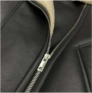 Unisex Black Sheep Skin Leather Shearling Biker <b>Jacket</b> Winter Warm Sherpa <b>Lined</b> Motorcycle Aviator Zipper OEM Service Nonwoven - Product Image 4