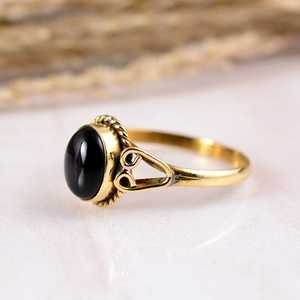 Elegant Brass Gold Plated Black Tourmaline Oval Bezel Setting Handmade Rope Design Natural Gemstone <b>Statement</b> <b>Ring</b> Boho Hippie - Product Image 3