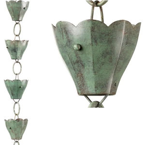 Chaîne de pluie décorative extérieure à patine verte, à gouttelettes festonnées, pour jardin rustique et toit cascade - Product Image 1