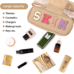 Organizer Portatile per Trucchi Stile Preppy, Borsa Trasparente con Cerniera e Lettere in Ciniglia, Impermeabile e Pieghevole per Viaggi, Borse e Astucci per Cosmetici - Product Image 3