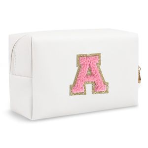 Personalized A-Z Initial Preppy Patch Makeup <b>Bag</b> <b>Small</b> <b>White</b> PU Leather Travel Cosmetic Pouch with Zipper Cute for Toiletry Case - Product Image 1