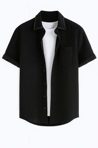 Black Poplin Solid <b>Short</b> <b>Sleeve</b> <b>Button</b>-<b>Up</b> Shirt Men Casual Woven Turn-Down Collar Pocket Summer Top - Product Image 2
