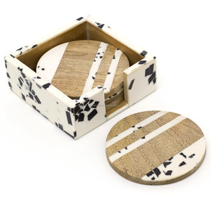 Japanese Style Classic Elegant Design Eco-friendly Coasters Set Round Wooden Resin Holder for Drinks Beer Tea Coffee-Mats Pads - Product Image 3