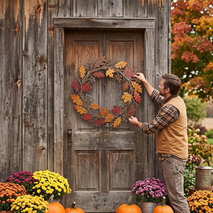 Rustic Metal Autumn Wreath Crafted With Oak Leaves, Twigs, And Acorns, Festive Thanksgiving Harvest <b>Front</b> <b>Door</b> Home <b>Decoration</b> - Product Image 5