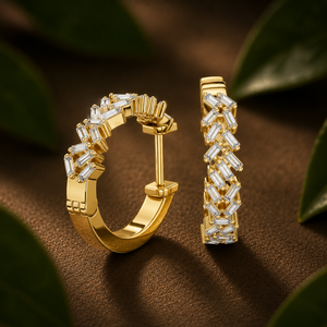 Art Deco Baguette Cluster Huggie <b>Hoop</b> <b>Earrings</b> Lab Grown Diamond E VVS VS 14K 18K <b>Solid</b> Gold Fine Engagement Jewelry For Women's - Product Image 1