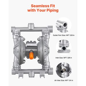 "Pneumatic <b>Waste</b> Oil Transfer <b>Pump</b> Air Operated Double Diaphragm 6.6 GPM 3/8 Inch Inlet/Outlet Aluminum Max 100 PSI" - Product Image 5