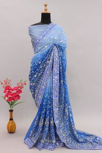 Blue Designer Heavy Fox Georgette <b>Saree</b> With Pedding Print Work For Women Indian Traditional Bridal Wedding Wear Ethnic Wear - Product Image 6