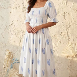 Women’s White 100% Cotton Midi Dress Blue Leaf Print Smocked Bodice Puff Sleeve Casual Summer Dress. - Product Image 1
