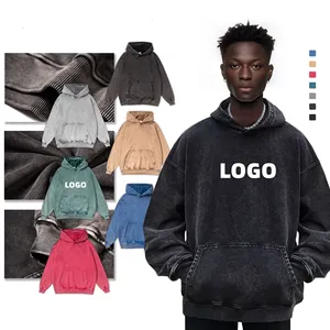 Sweat-shirt à capuche unisexe 100 % coton délavé à l'acide, effet vieilli, épais, uni, vierge, coupe oversize, modèle pull-over – Meilleures ventes - Product Image 6