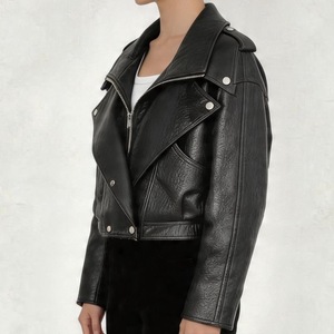 Veste courte vintage ample en similicuir PU pour femme avec ceinture, style motard, fermeture éclair, rétro, manteau de motard, vêtement d'extérieur - Product Image 1