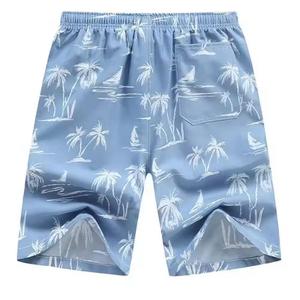 Men's Blue Palm Tree Print Board Shorts Quick Dry <b>Elastic</b> Waist Casual Style Bermuda Length Polyester Fabric Pockets - Product Image 1