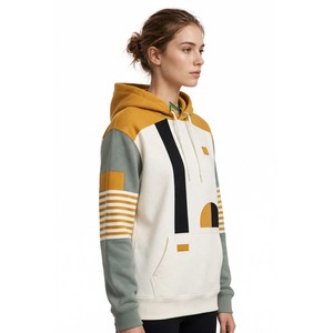 Sudadera con Capucha Color Verde Mostaza y Salvia para Hombre y Mujer, con Bloques de Color, Parches Geométricos y Rayas Deportivas, de Algodón y Felpa, Estilo Casual Urbano para Invierno - Product Image 6