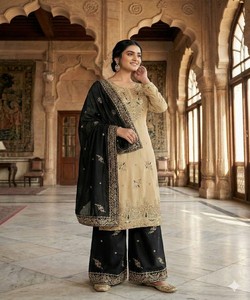 Conjunto Moderno de Top y Pantalón Palazzo con Bordado de Seda y Lentejuelas, con Dupatta, Ropa Étnica para Mujer, Vestido para Bodas y Fiestas 82502 JF-039 - Product Image 2