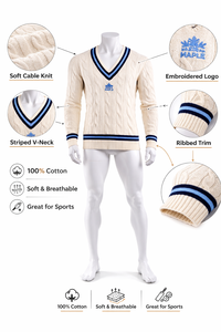 Suéter con Cuello en V al por Mayor de Cricket Jumper |   Proveedor de Logotipos Personalizados para Equipos OEM |   Ligero y duradero, 100% poliéster - Product Image 4